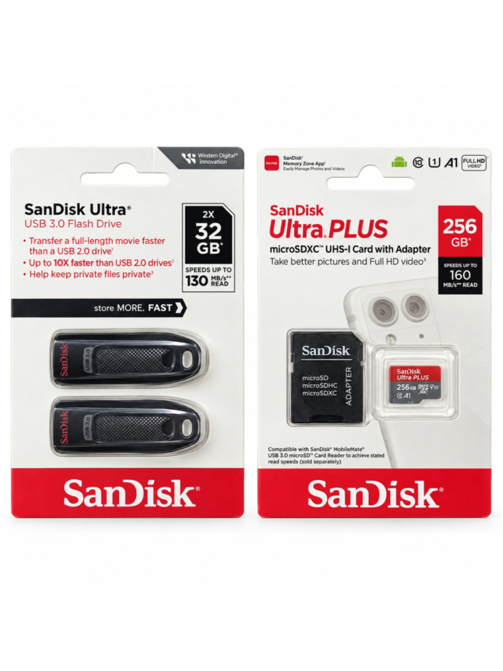 SanDisk 256GB Ultra PLUS microSDXC + 2x 32GB USB 3.0 Flash Drives • New/Sealed